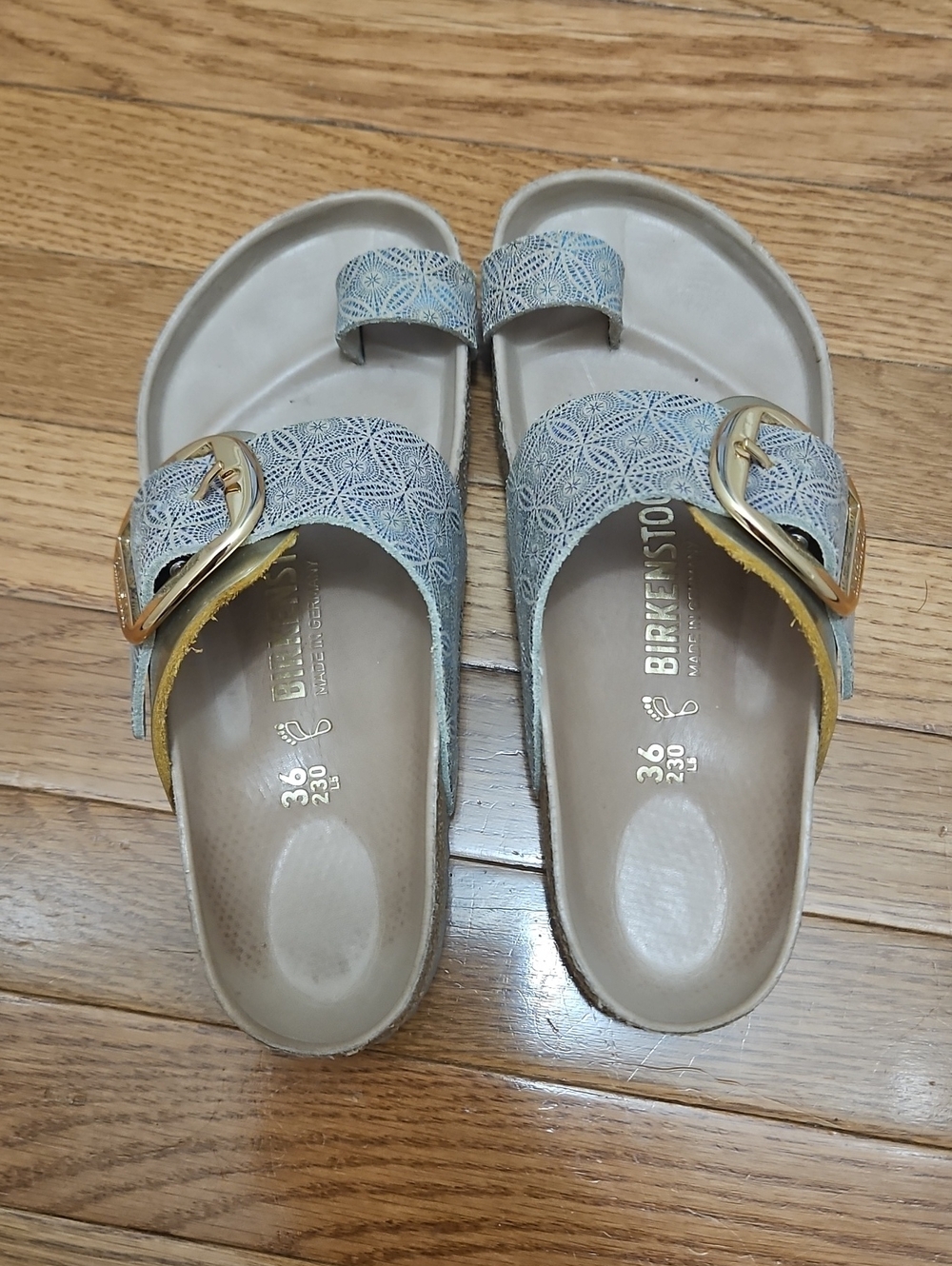 Birkenstock Women's Light Blue Patterned Two-Strap Sandal with Gold Buckles